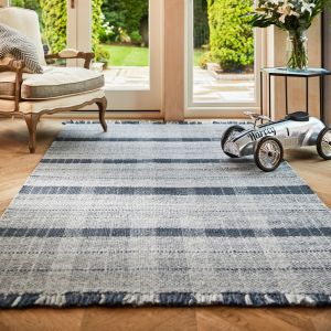 Highland Check Tartan Recycled Rugs in Navy Blue