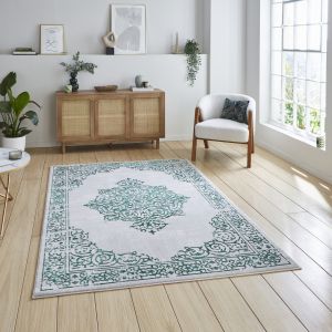 Think Rugs Artemis B9076A Green Silver Traditional Abstract Bordered Metallic Rug