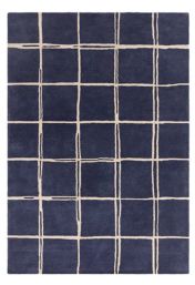 Albany Grid Modern Geometric Wool Rugs in Marine Blue