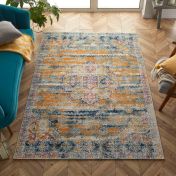 Gilbert 2061 X Traditional Distressed Rugs in Blue Grey Mustard